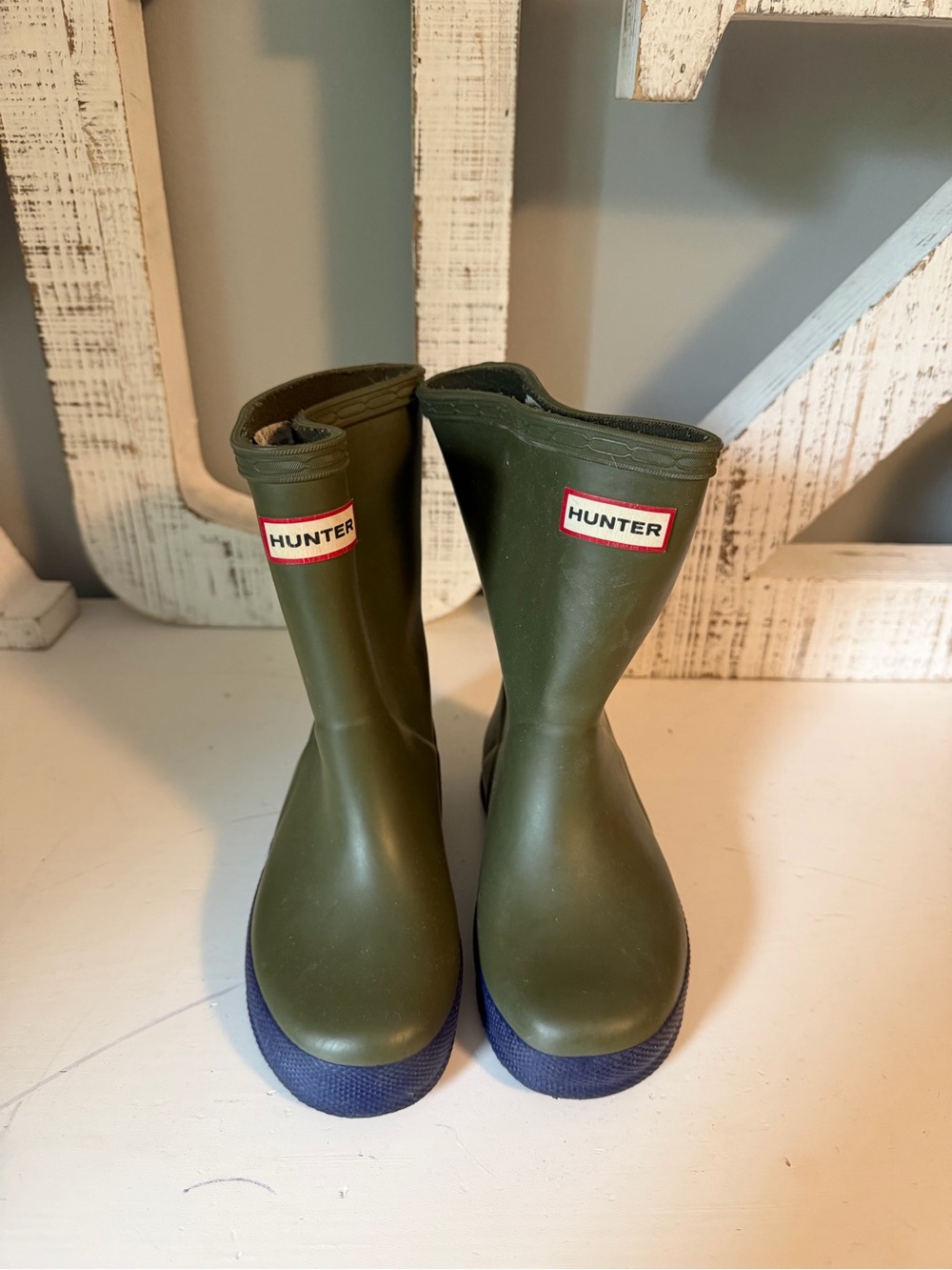 Hunter Kids Olive Green Rain Boots with Navy Soles